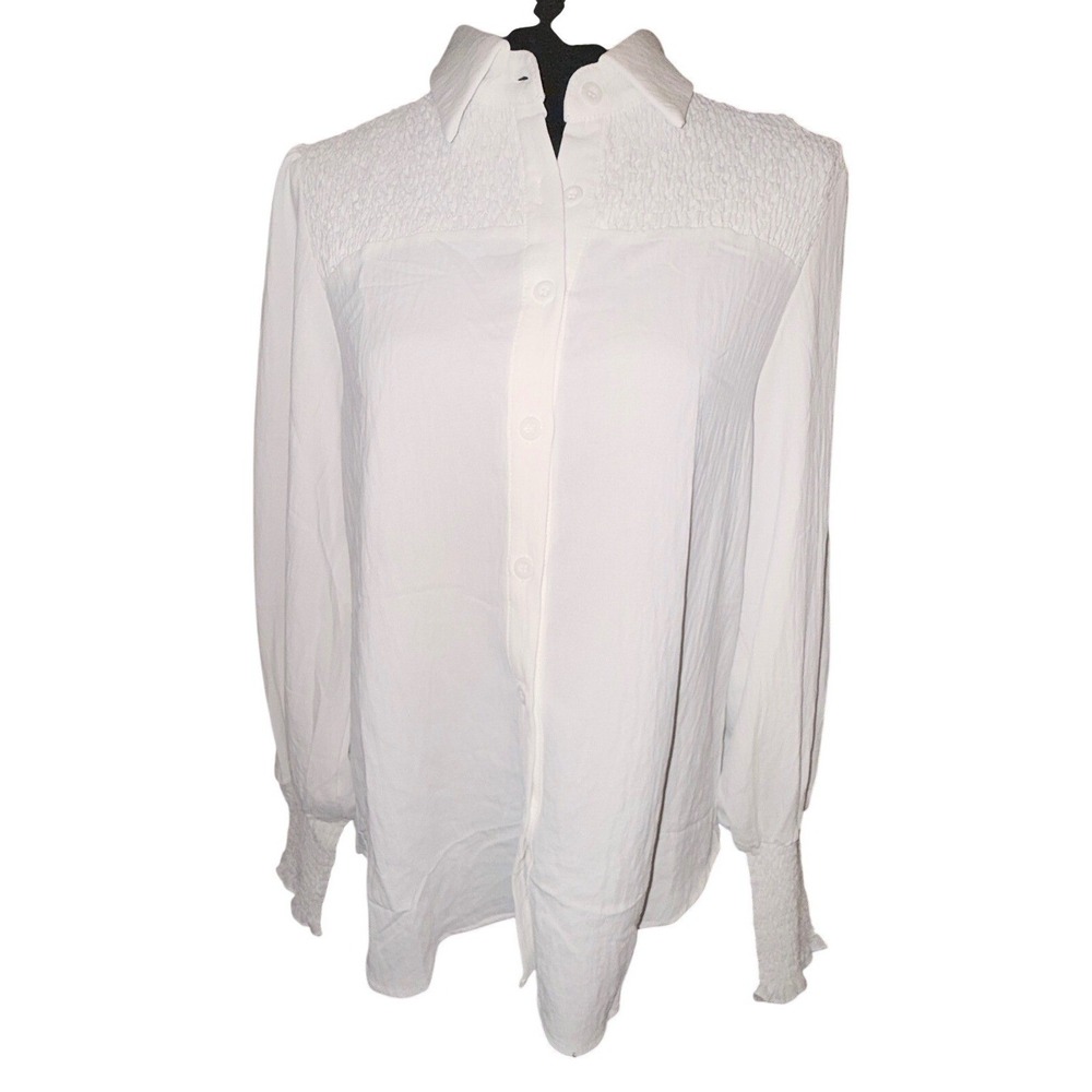 CiCiBird Blouse Women M White NEW Smocked‎ Button Down Long Sleeve Top